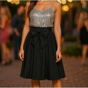 Y2K Vintage Express Pleated Satin Skirt Size 0 Black with Bow Classic Women's